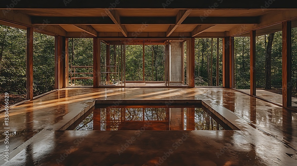 Fototapeta premium Rustic Concrete Interior With Forest View Pool