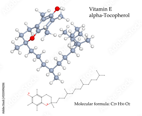Vitamin E alpha-Tocopherol, powerful antioxidant. 3d illustration on transparent background of molecule and chemical formula. Food sources: vegetable oils, nuts, seeds and fortified breakfast cereals