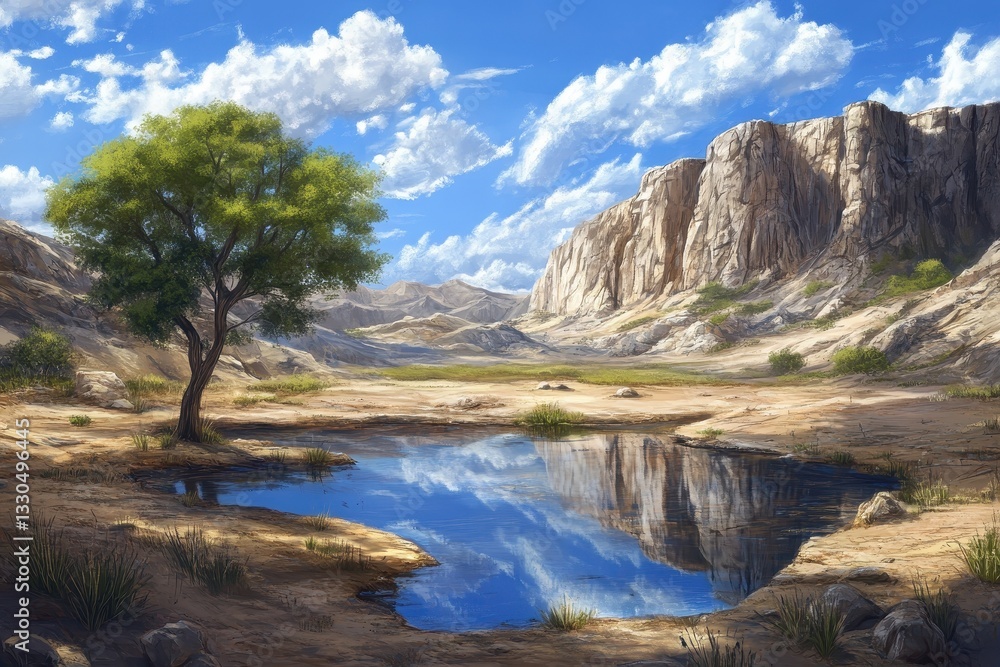 A beautiful landscape features a pond a tree and mountains A beautiful landscape features a pond a tree and mountains