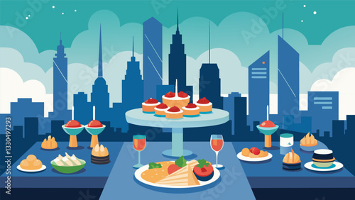 An upscale rooftop party with a spread of elegant finger foods from caviar to canapés set against the backdrop of a bustling metropolis.. Vector illustration