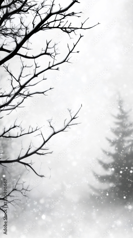 Fototapeta premium Snowflakes falling on bare tree branches and a pine tree in a winter forest create a serene and peaceful atmosphere