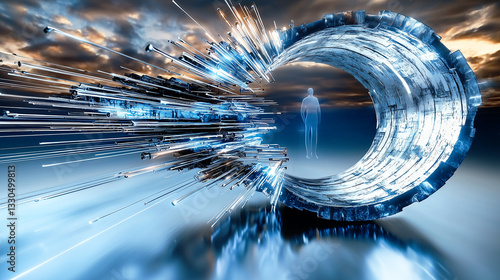 A glowing futuristic portal with a fragmented metallic edge opens into a digital space. A translucent human figure stands beyond, symbolizing technology, evolution, and AI.