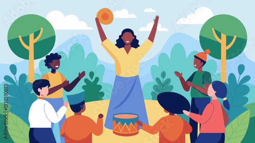 A the facilitates a drum circle in a botanical garden using the powerful and grounding energy of drumming to release tension and promote emotional expression.. Vector illustration