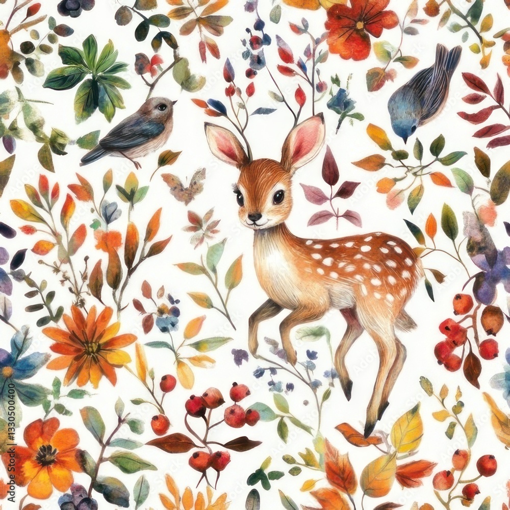 Cute deer surrounded by autumnal flowers and birds Cute deer surrounded by autumnal flowers and birds