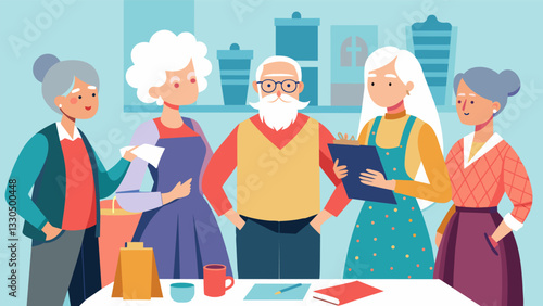 A lively discussion between a group of elderly fashion designers about the challenges and opportunities of designing for their own demographic.. Vector illustration