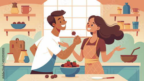 As the warm afternoon light streams through the kitchen window a couple laughs and dances around each other while making homemade chocolatecovered. Vector illustration