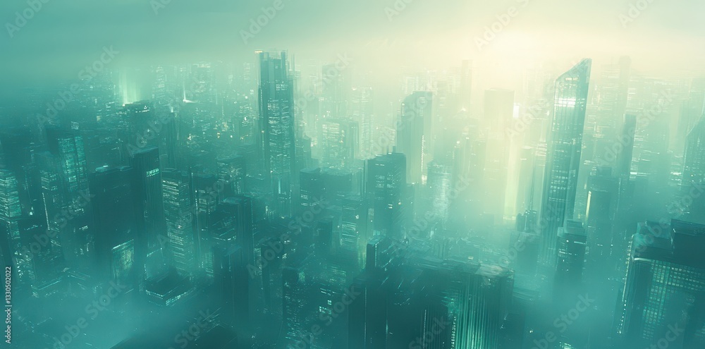 The city skyline appears hazy with tall buildings in the fog The city skyline appears hazy with tall buildings in the fog