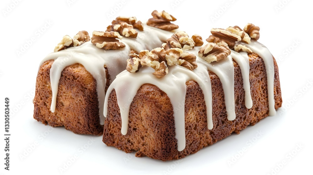 Walnut cake with icing on white background