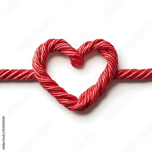 Red rope shaped into love symbols, showcasing smooth and intricate knots, perfect for romantic themes The rope is isolated on white background