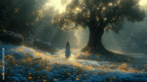 A princess stands in a mystical garden near a majestic, ancient tree, surrounded by enchanting flowers and soft, magical light, evoking a fairy tale atmosphere