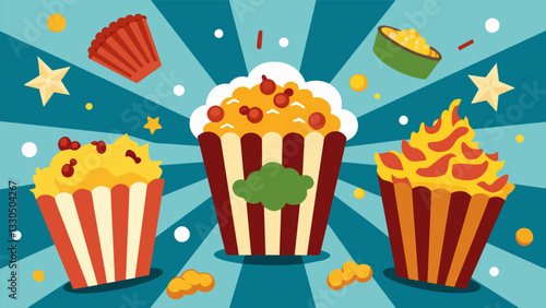 An explosion of popcorn flavors including cheesy pesto cheddar bacon and chocolate peanut butter arranged in bold patterned bowls.. Vector illustration