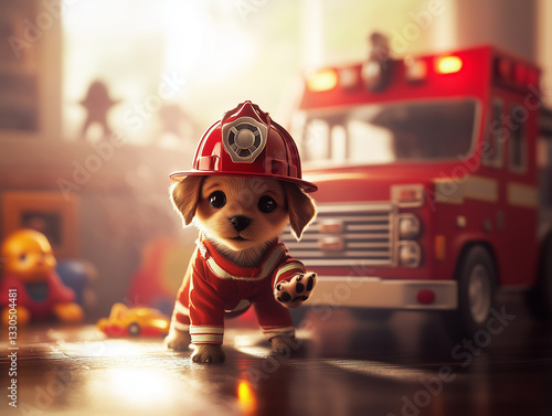 Wallpaper Mural A small puppy dressed as a firefighter, complete with a tiny helmet and boots, standing in front of a toy fire truck. Torontodigital.ca