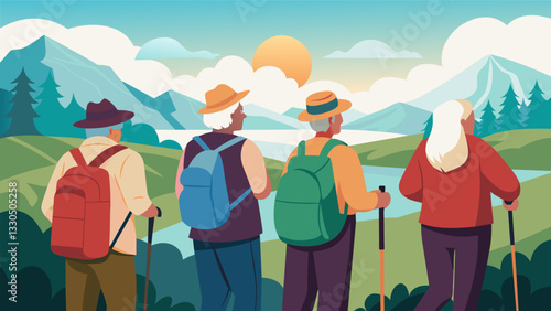 A group of spry seniors donning their hiking gear and trekking through a vast rugged landscape soaking in the breathtaking views of their surroundings.. Vector illustration