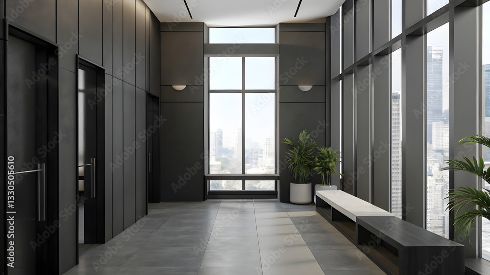 Fototapeta premium Modern office lobby with dark walls minimalist be