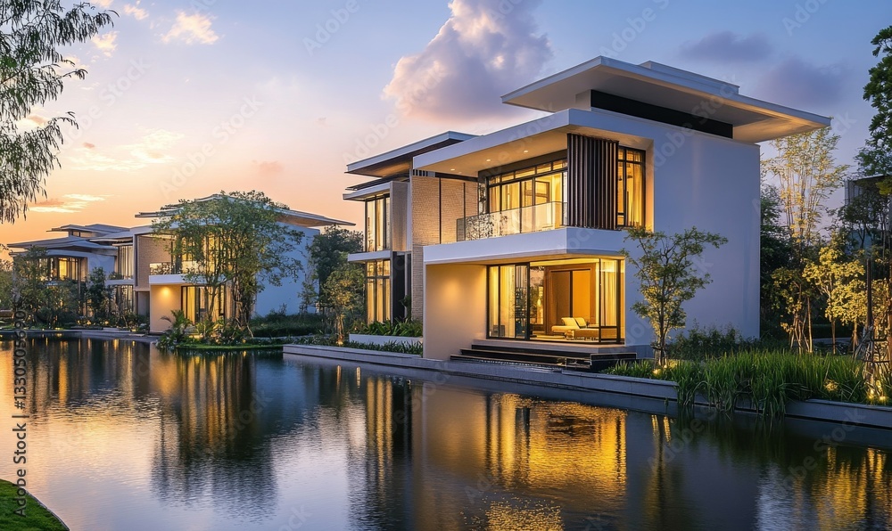 Modern residential complex with serene water reflections during sunset in a tranquil setting Modern residential complex with serene water reflections during sunset in a tranquil setting