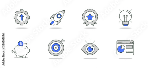 Business Growth and Innovation Icons Set – Productivity, Financial Success, Goal Achievement, and Strategic Planning, Editable Stroke