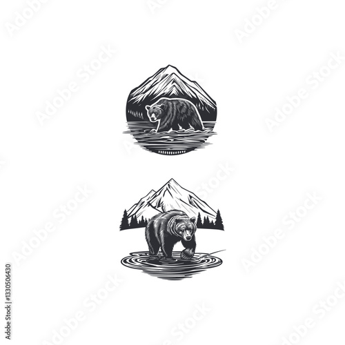 bear catches fish in the river design vector template illustration