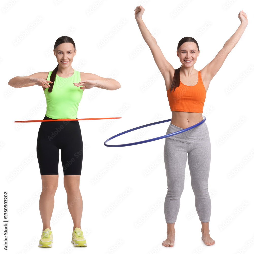 Beautiful young woman training with hula hoops on white background, collage Beautiful young woman training with hula hoops on white background, collage
