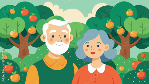 A smiling elderly couple surrounded by a bountiful orchard of fruit trees that they have grown and cared for since their days as young newlyweds.. Vector illustration