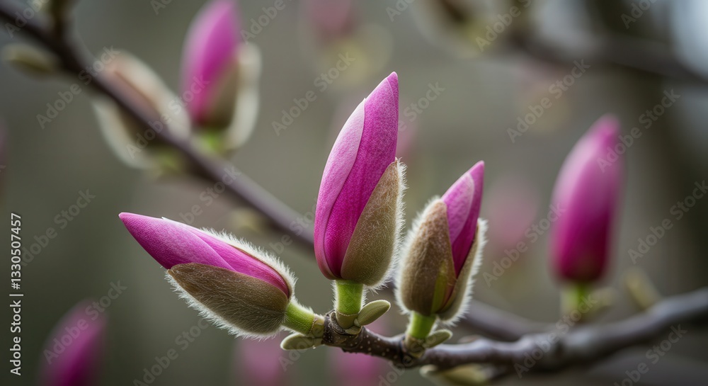 Fototapeta premium Magnolia Flower Buds Emerging on Branch in Early Springtime Close-up