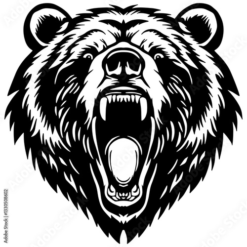 Black and white roaring bear head illustration. Aggressive wild animal design perfect for logos, tattoos, prints, and digital projects