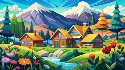 Oily painted summer landscape with wooden houses, flowers, trees and mountains in background