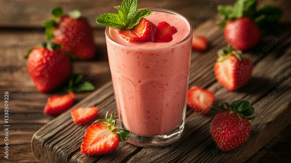 Strawberry smoothie in a glass with fresh strawberries and mint Strawberry smoothie in a glass with fresh strawberries and mint