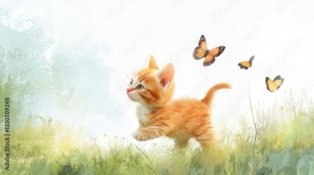 Obraz premium Cute ginger kitten playing outdoors with butterflies