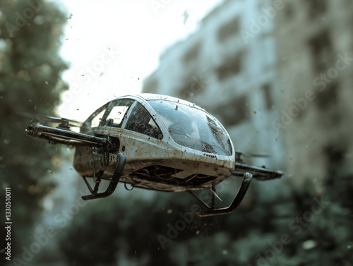 A bit futuristic but realistic dirty personal transport flying drone – PAX drone – in the city scape.