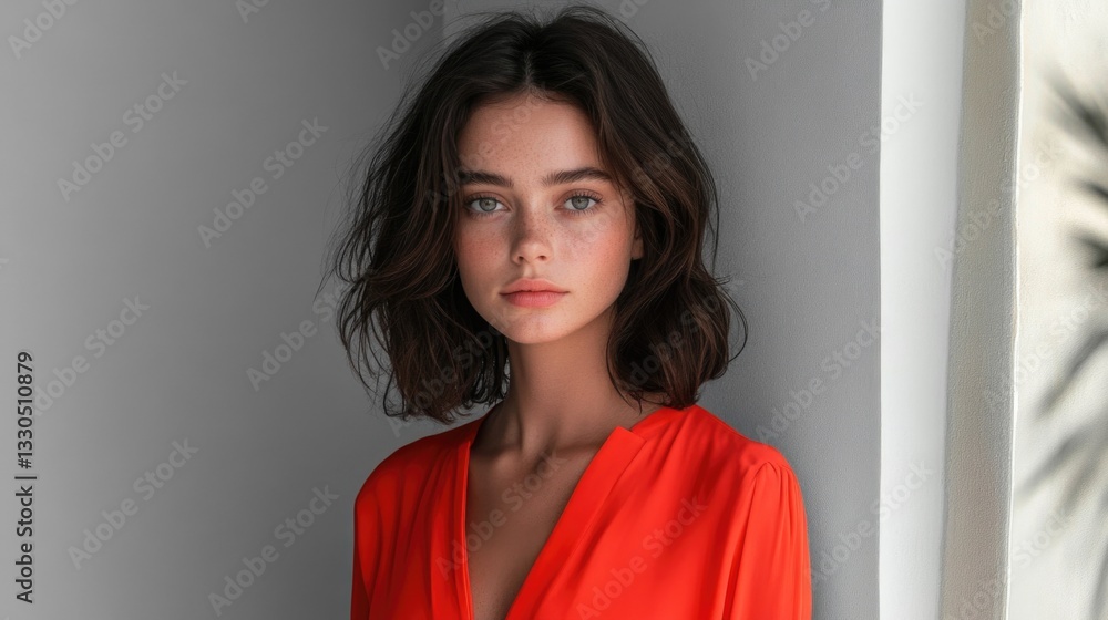Young caucasian female in red dress with natural light and soft shadows Young caucasian female in red dress with natural light and soft shadows