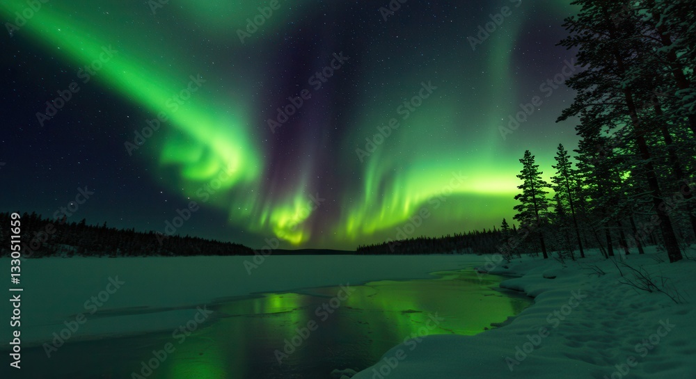 Obraz premium Majestic Aurora Borealis Lights Up the Night Sky Over Frozen Lake