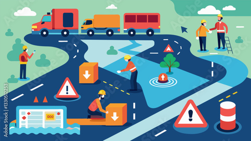 Emergency management officials utilizing realtime traffic data to reroute evacuation routes away from flooded roadways.. Vector illustration