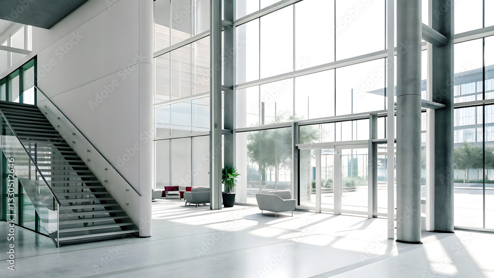 Fototapeta premium Modern spacious lobby with glass windows staircas