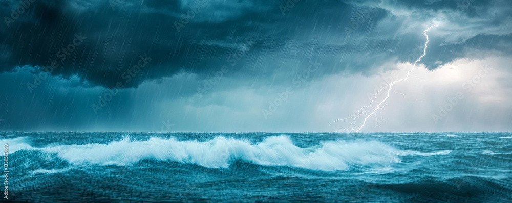 Naklejka premium Thunderstorm over a stormy sea, lightning striking the turbulent waves, apocalyptic intensity