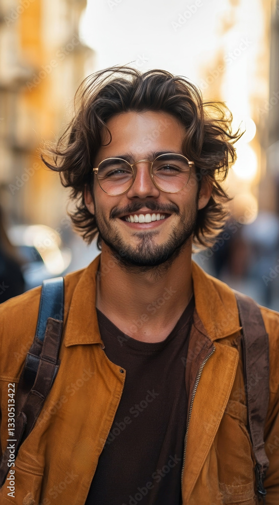 Obraz premium a portrait of a smiling man with glasses.