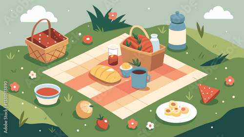 A vintage picnic blanket spread out on the grass and adorned with a selection of vintage jars filled with various snacks.. Vector illustration