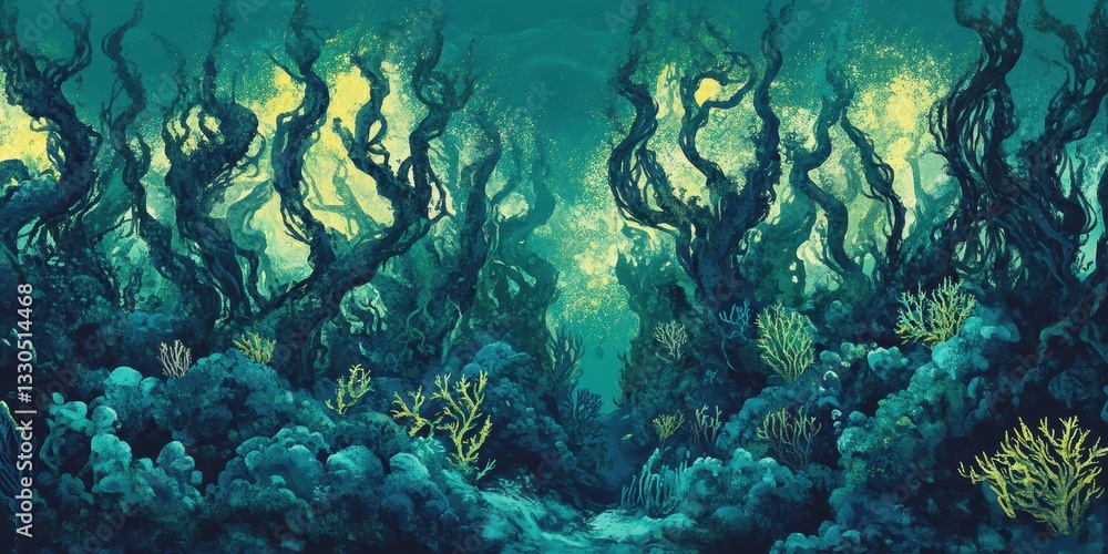 An artistic depiction of a submerged forest underwater with coral An artistic depiction of a submerged forest underwater with coral