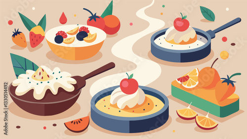 The scent of warm vanilla and cinnamon wafts through the air as the bakers start to decorate pans of tres leches cake with fresh fruit and whipped cream.. Vector illustration