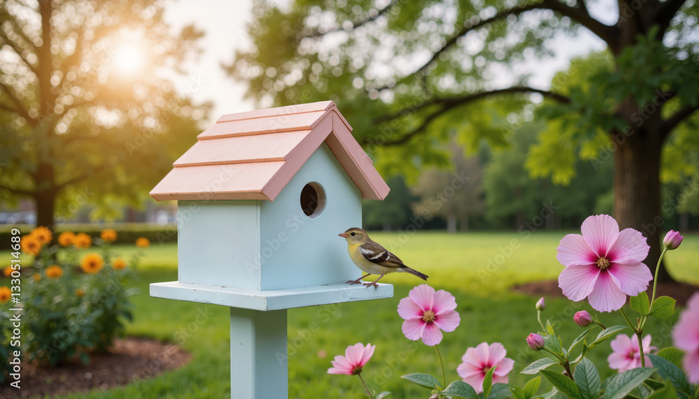 Pastel blue birdhouse with a small bird perched on it in a blooming garden Pastel blue birdhouse with a small bird perched on it in a blooming garden