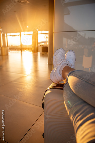Tourist relaxing with feet up on suitcase at the airport at sunset