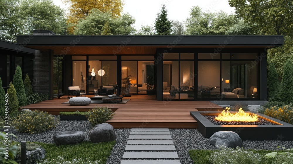 Modern home with expansive deck, fire pit, and zen garden Modern home with expansive deck, fire pit, and zen garden