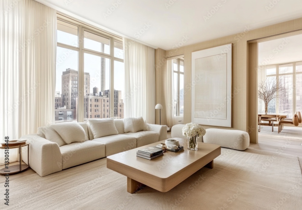 Modern minimalist living room with large windows, beige color palette, and city view. Modern minimalist living room with large windows, beige color palette, and city view.