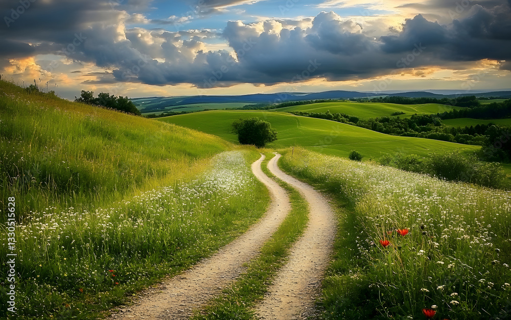 Obraz premium A scenic dirt road winding through a lush green landscape with wildflowers under a dramatic cloudy sky. Perfect for landscape and nature photography.
