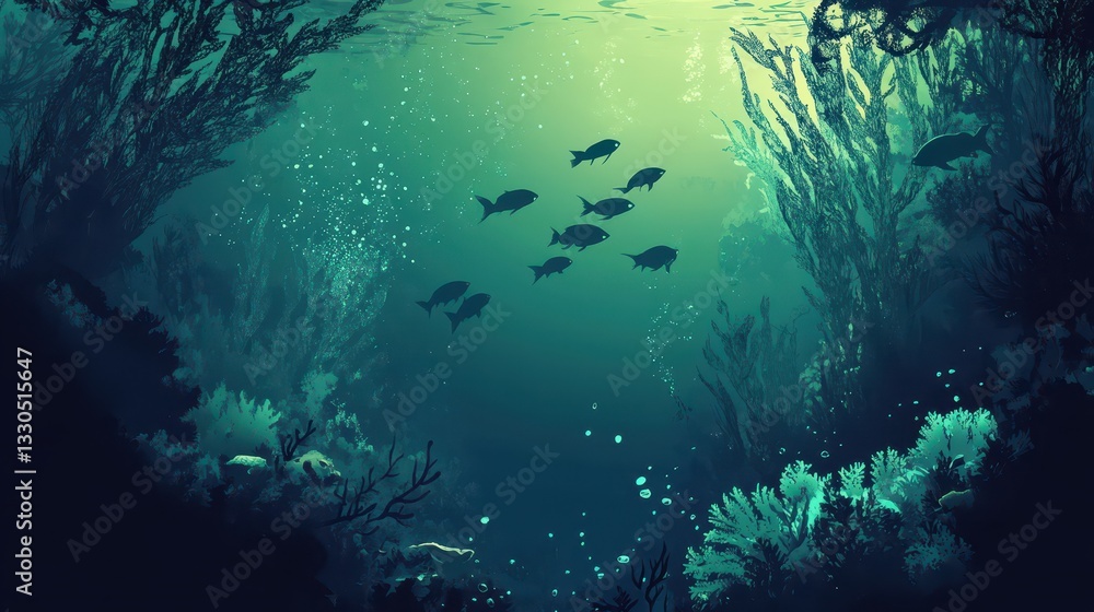 A school of fish swimming through the deep ocean waters A school of fish swimming through the deep ocean waters