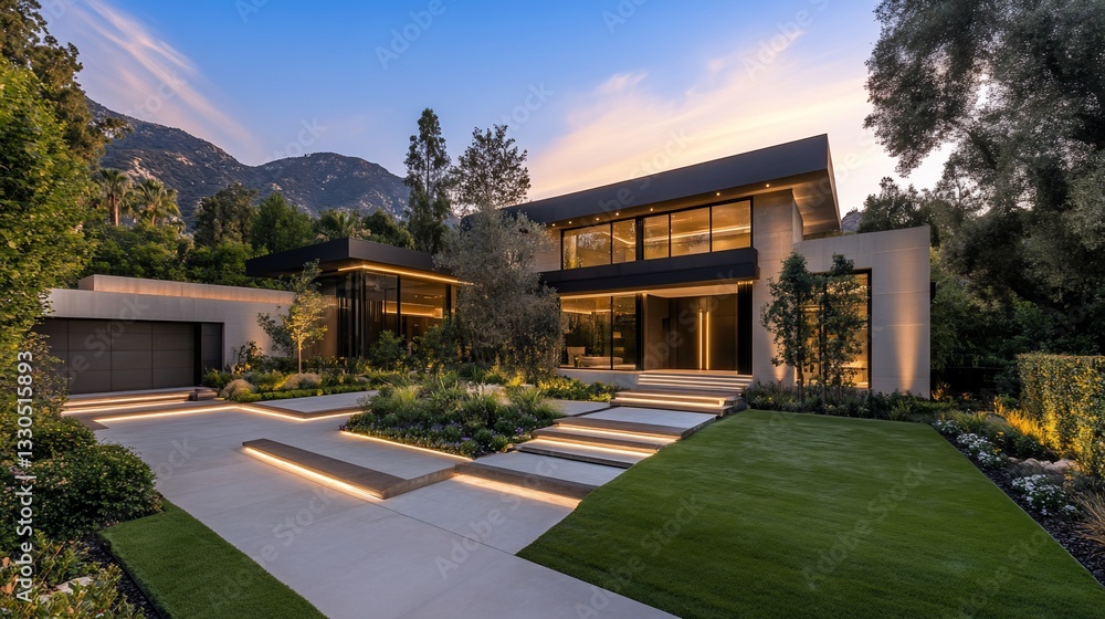 Contemporary residence at twilight exudes refined elegance and modern design Contemporary residence at twilight exudes refined elegance and modern design