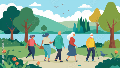 A glistening lake serves as the backdrop for a group of seniors enjoying a leisurely walk surrounded by towering trees and chirping birds.. Vector illustration
