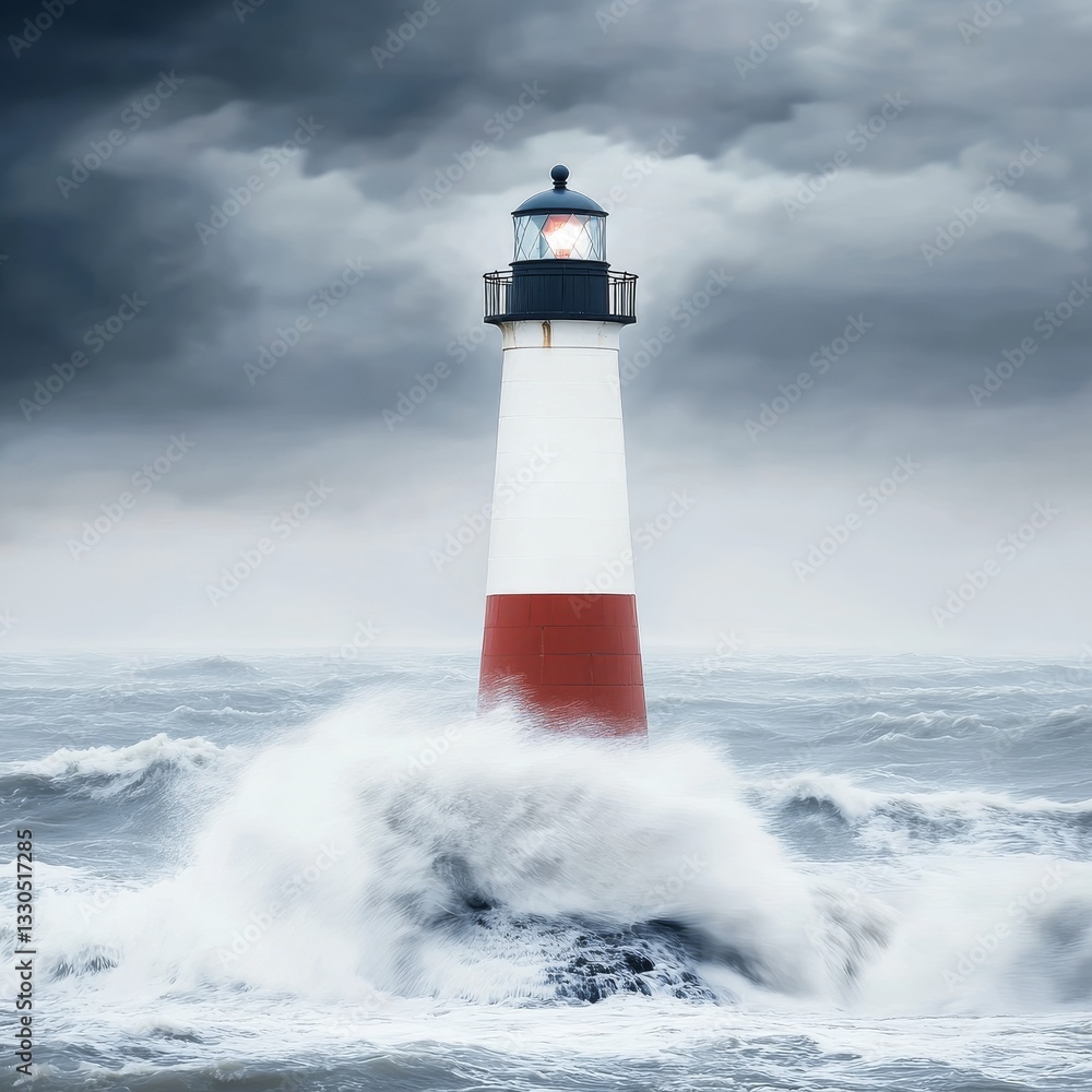 Lone lighthouse standing against a raging storm, waves colliding against its base Lone lighthouse standing against a raging storm, waves colliding against its base