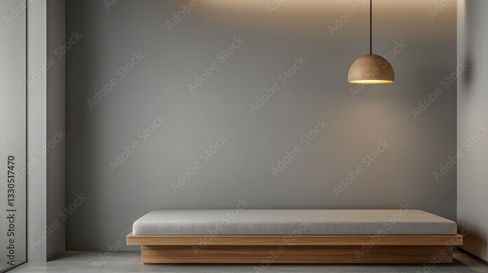 Fototapeta premium A modern, minimalist bedroom with an oak wood bed frame and gentle ambient lighting