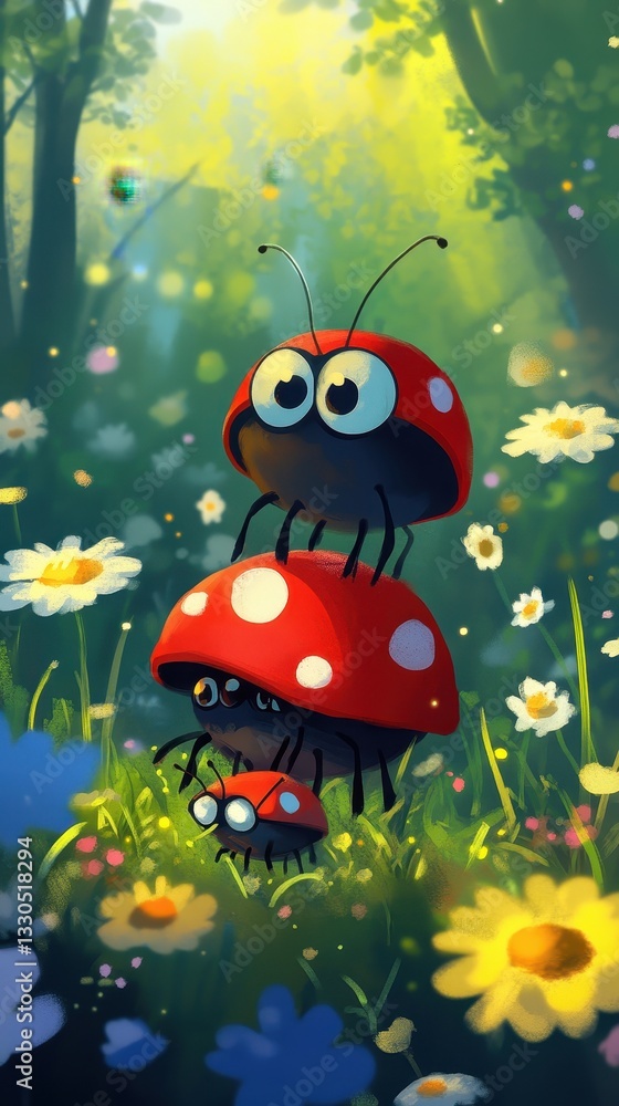 A whimsical image of a family of friendly cartoon ladybugs A whimsical image of a family of friendly cartoon ladybugs