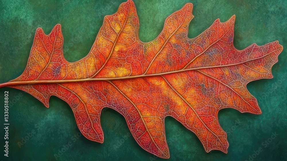 Fototapeta premium Autumnal oak leaf, vibrant colors, intricate veins